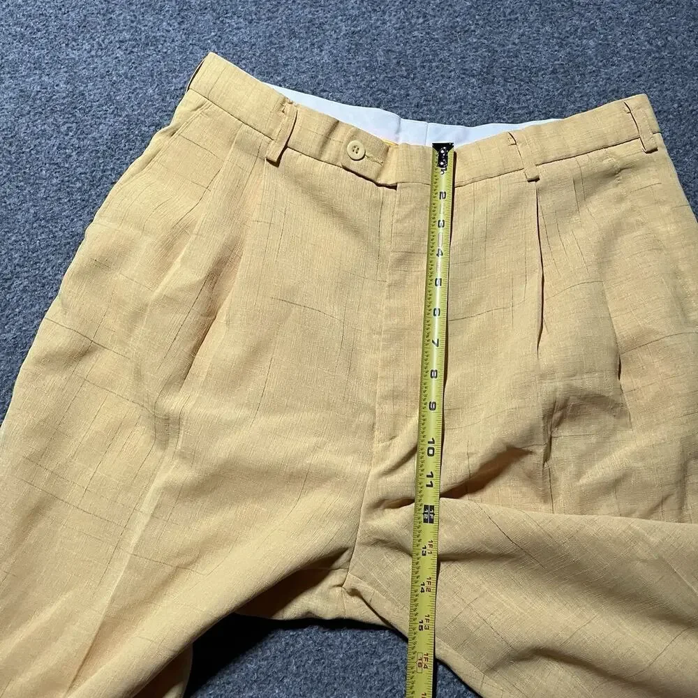 Malta Dress Pants Mens 34 Yellow Gold Pleated Cuffed Grid Wide Leg Retro Slacks